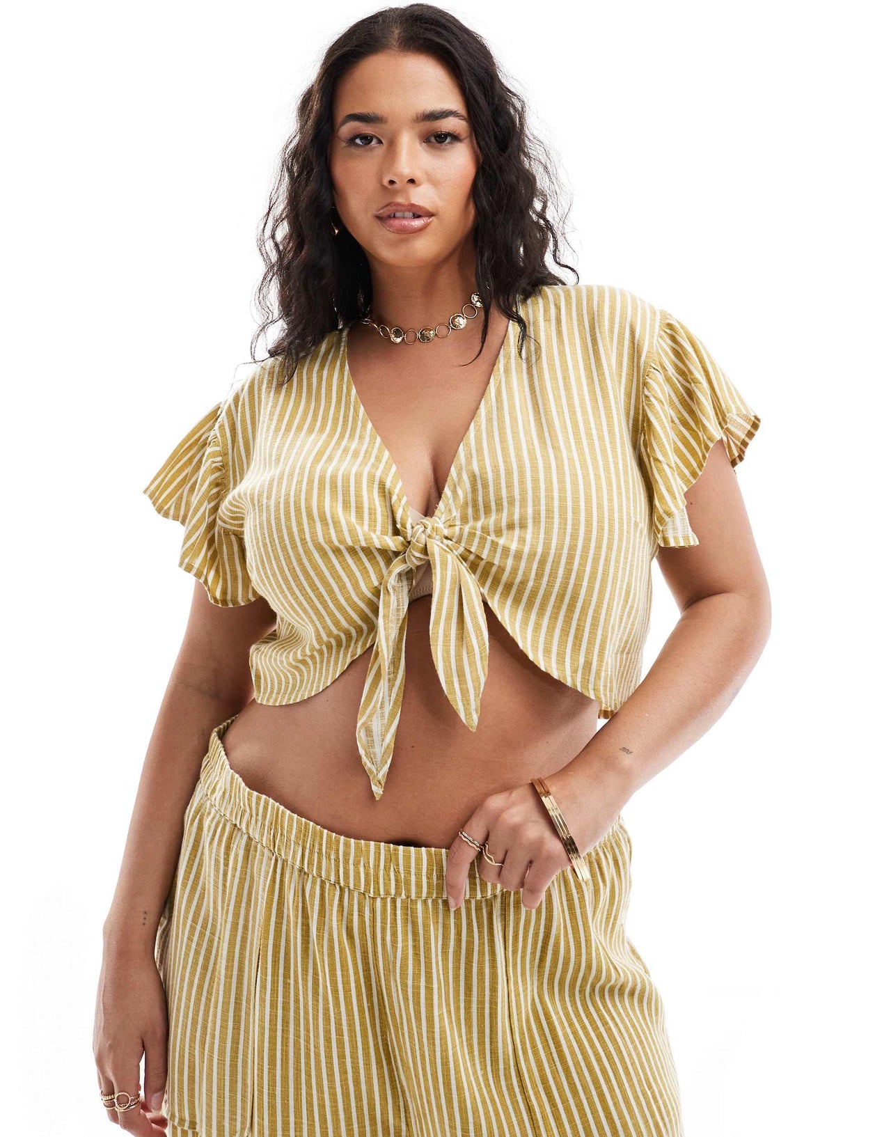 Noisy May Curve linen mix tie front top co-ord in yellow stripe