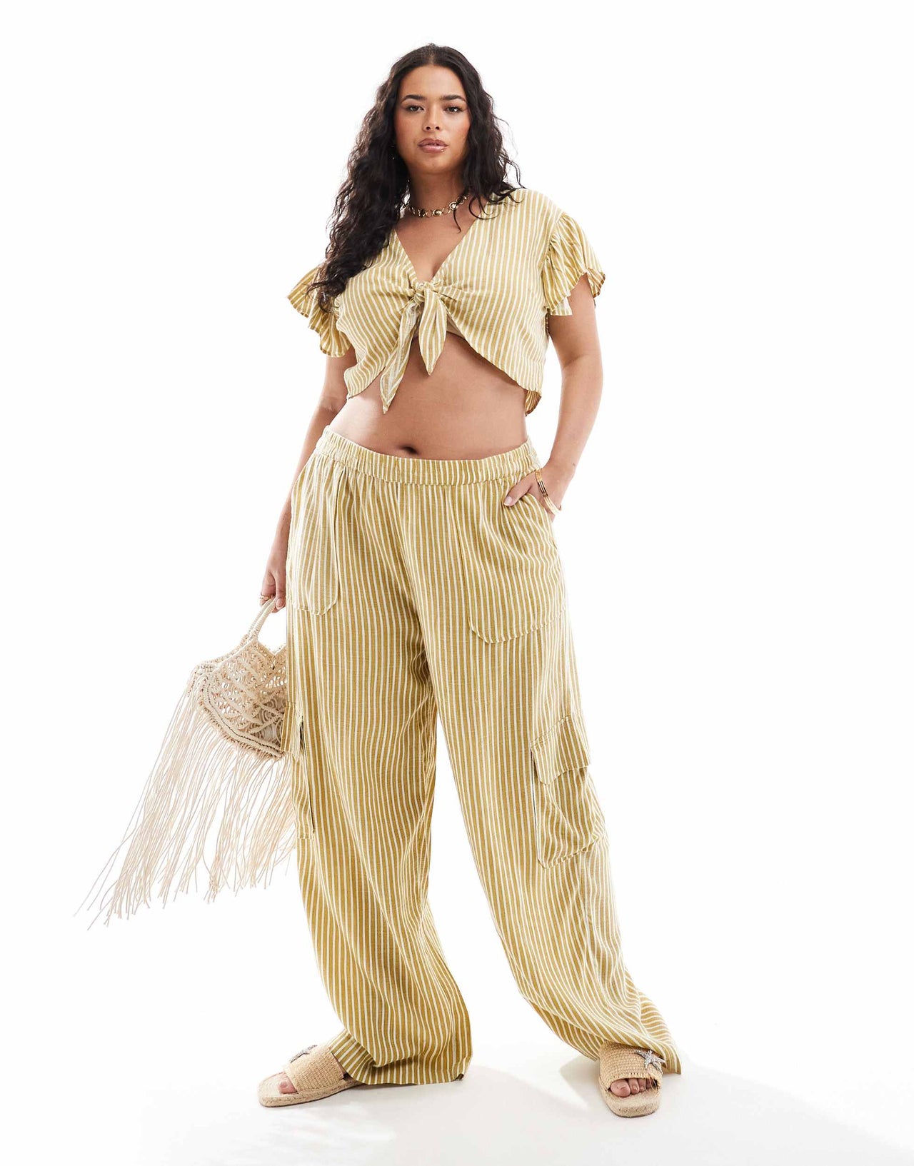 Noisy May Curve linen mix tie front top co-ord in yellow stripe