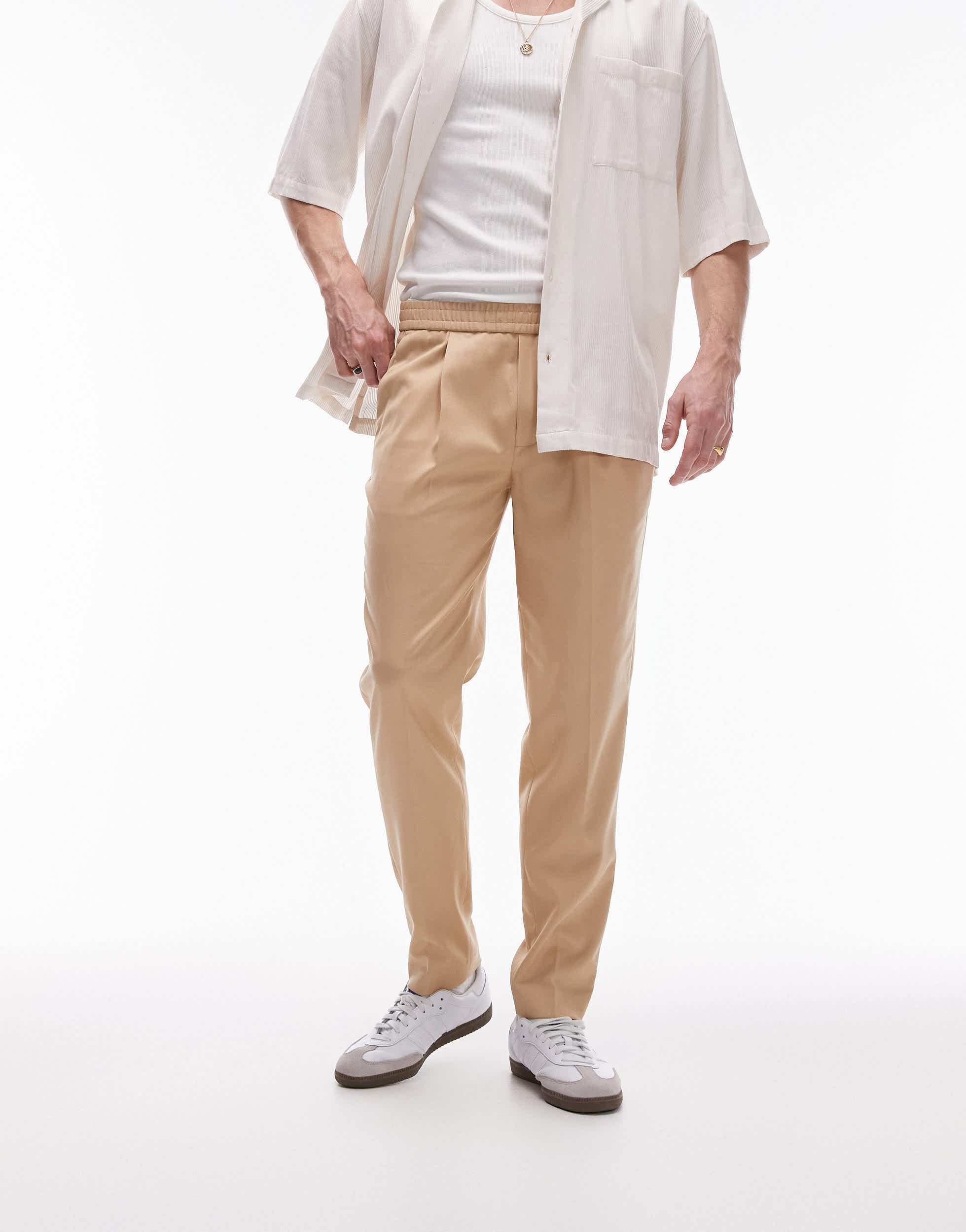 Topman elasticated waist taper trouser in stone