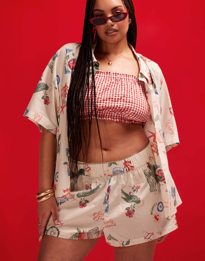 ASOS DESIGN Curve linen look co-ord beach short in postcard print