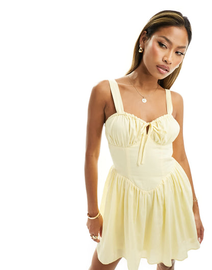 Kaiia exclusive cotton rich milkmaid tie front mini dress in yellow