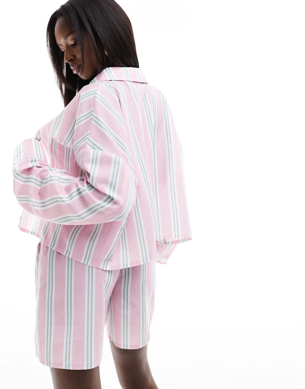 Kaiia exclusive cropped poplin shirt co-ord in pink stripe
