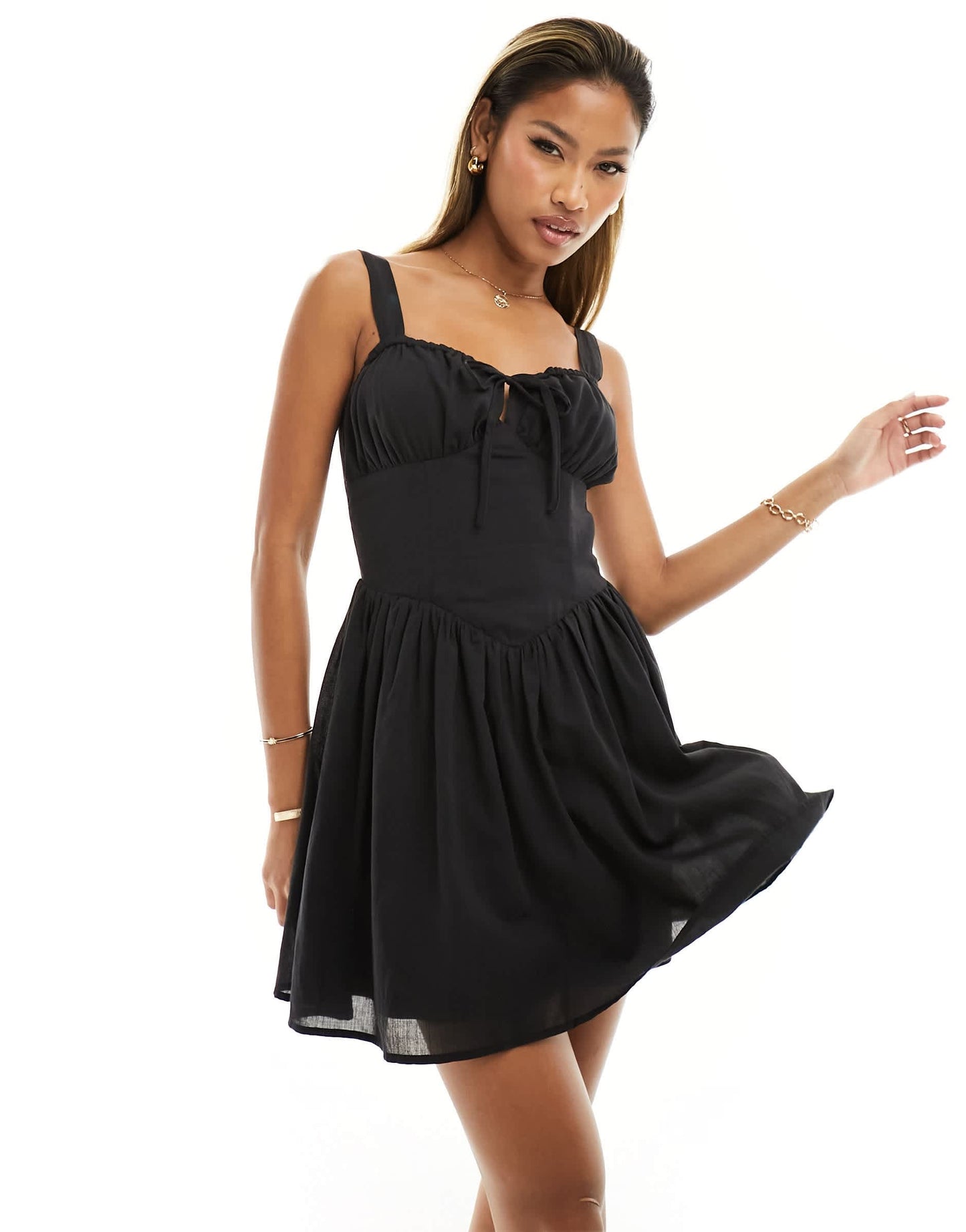 Kaiia exclusive milkmaid tie front mini dress in black
