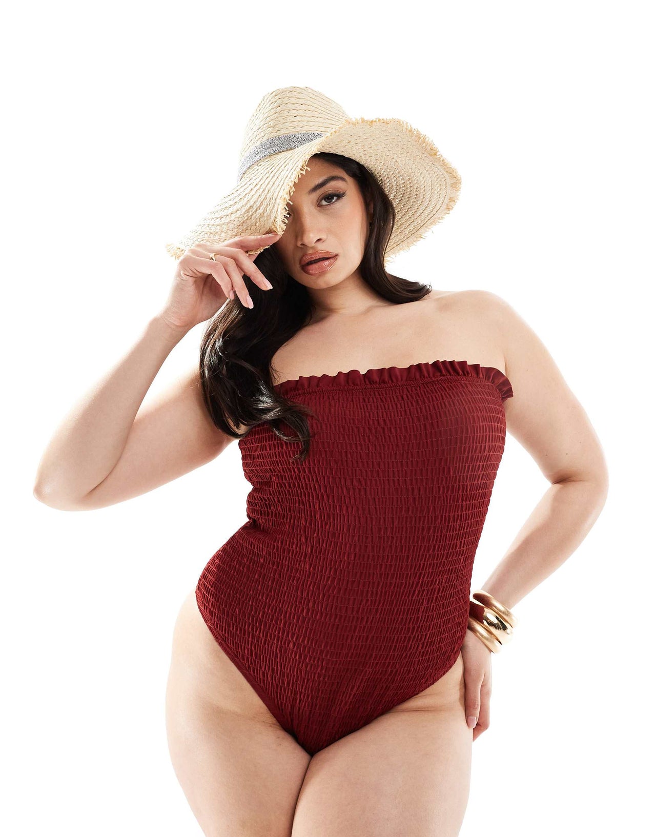 South Beach Curve frilly crinkle bandeau swimsuit in pomegranate