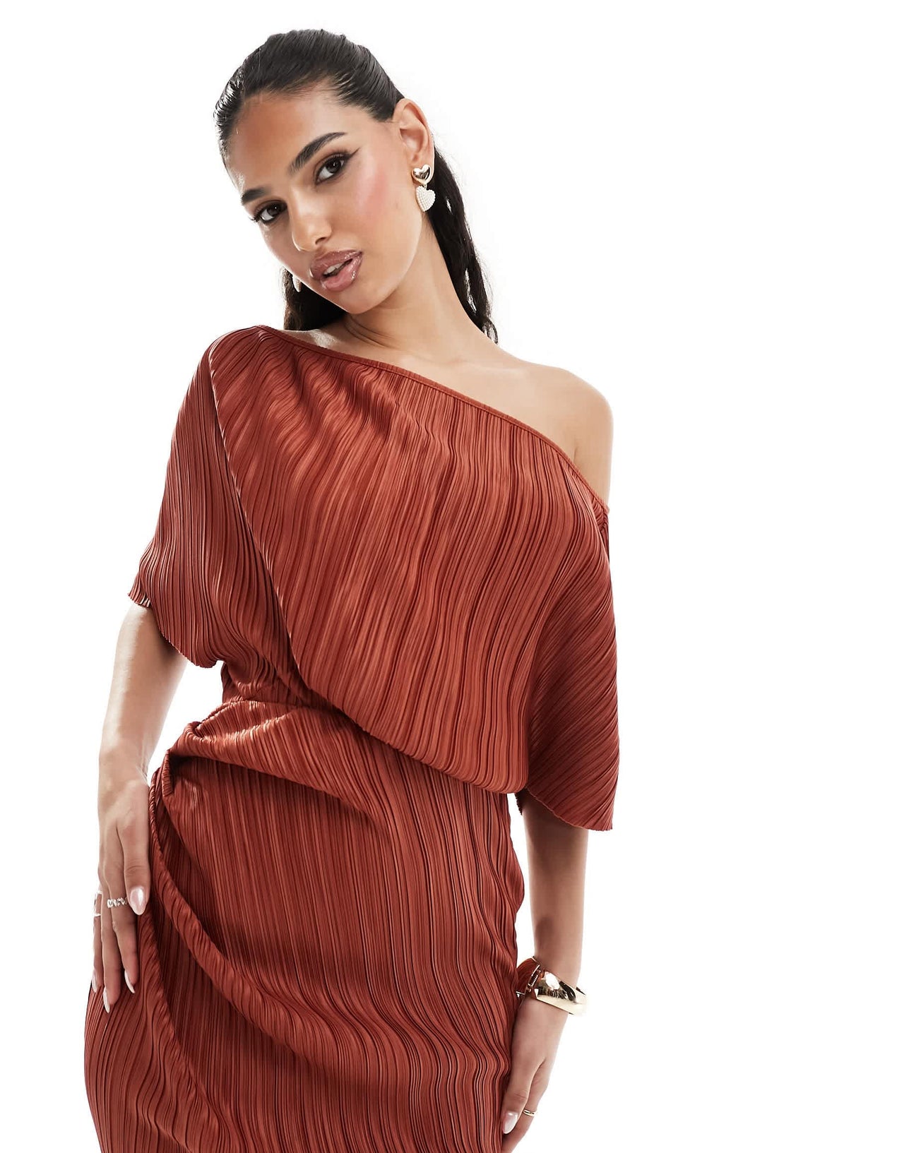 ASOS DESIGN plisse fallen shoulder midi dress in rust
