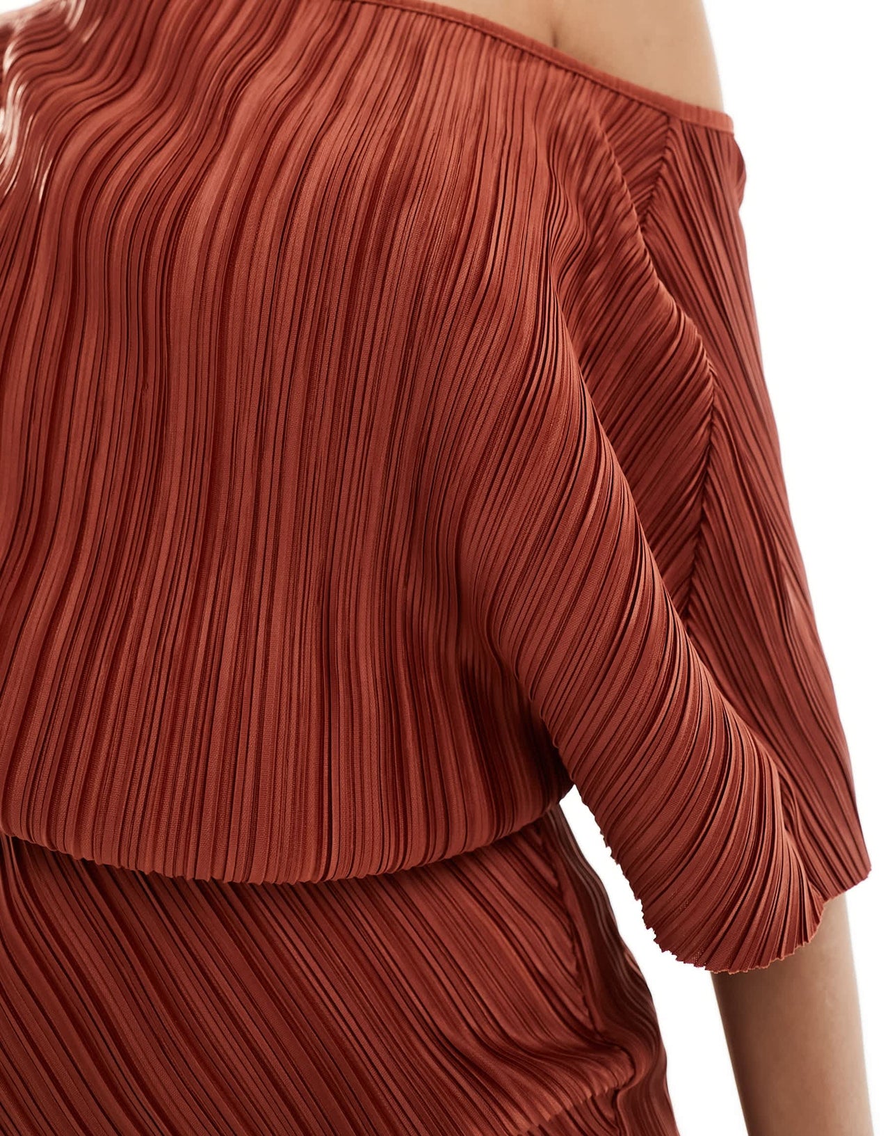 ASOS DESIGN plisse fallen shoulder midi dress in rust