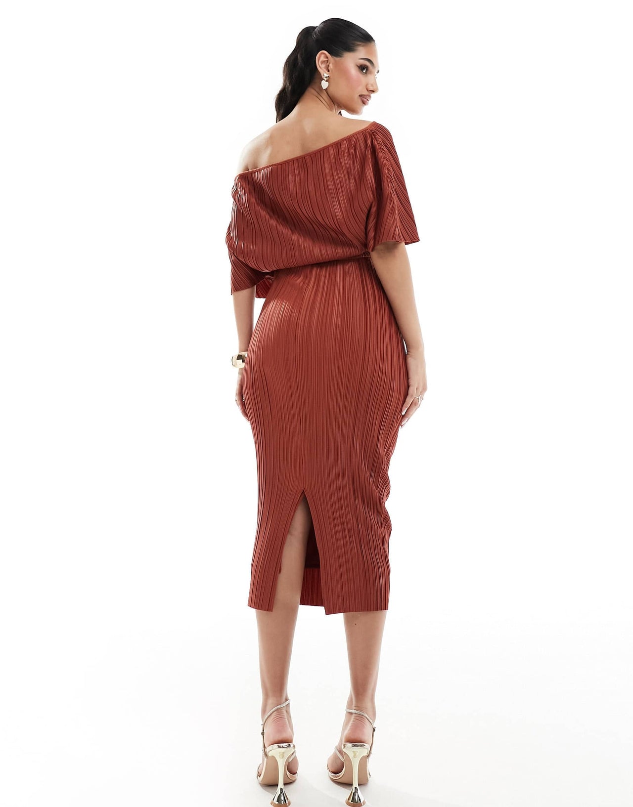 ASOS DESIGN plisse fallen shoulder midi dress in rust
