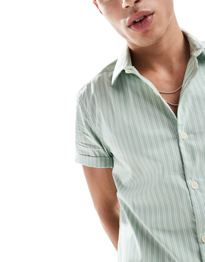 ASOS DESIGN slim work shirt in green and white stripe