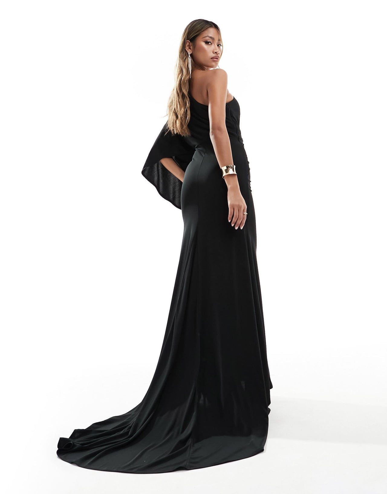 ASOS DESIGN one shoulder premium draped maxi dress with train detail in black