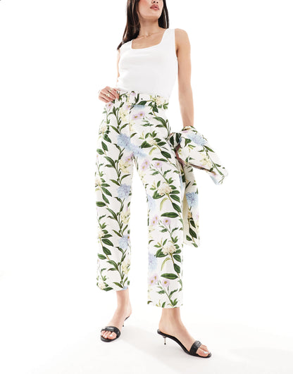 ASOS DESIGN tailored belted trouser with linen in floral print