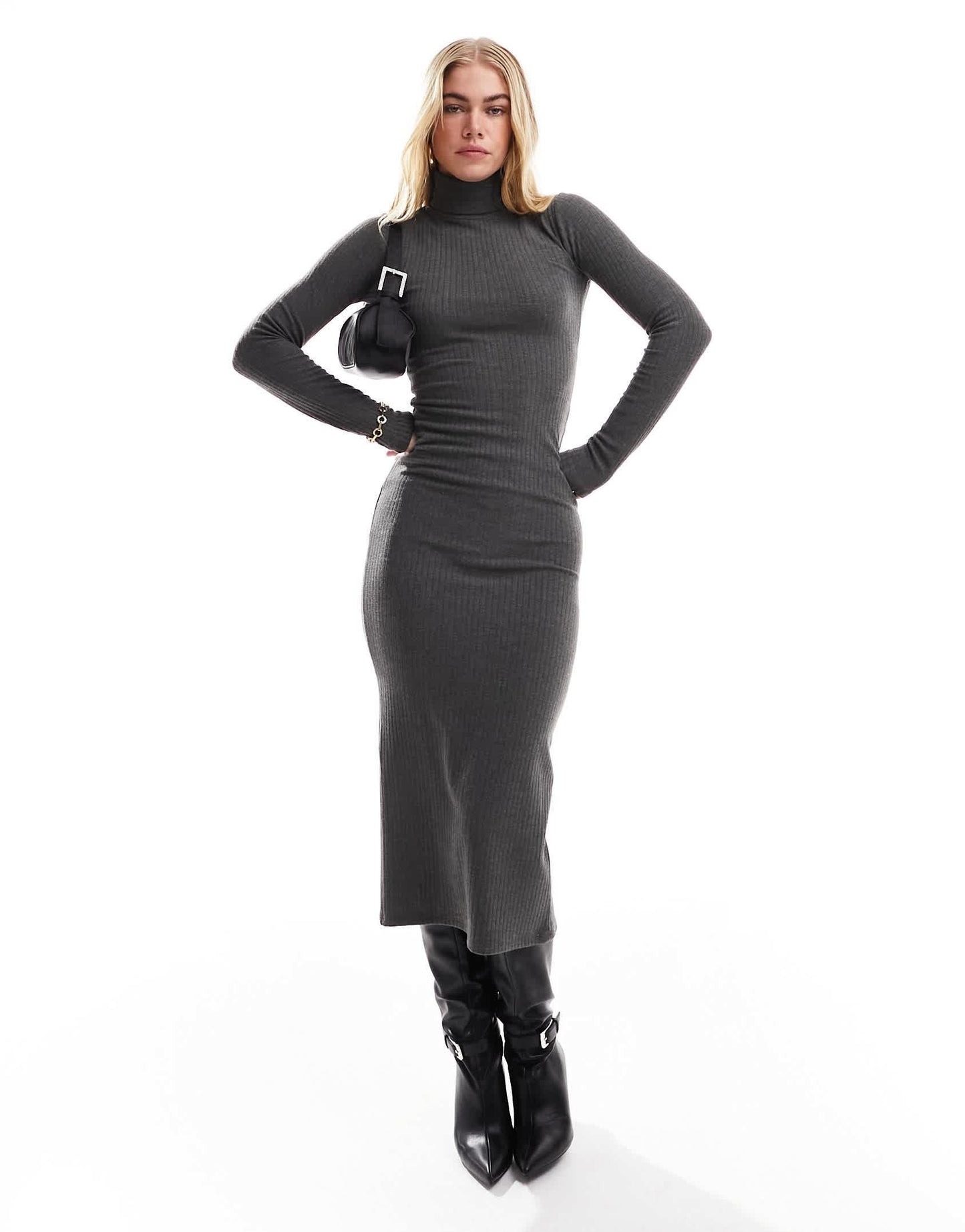 Bershka roll neck bodycon maxi dress in grey