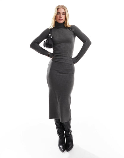 Bershka roll neck bodycon maxi dress in grey