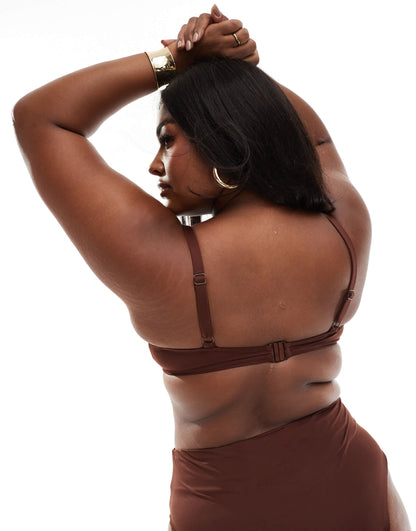 ASOS DESIGN Curve Maya step front underwired bikini top in chocolate brown