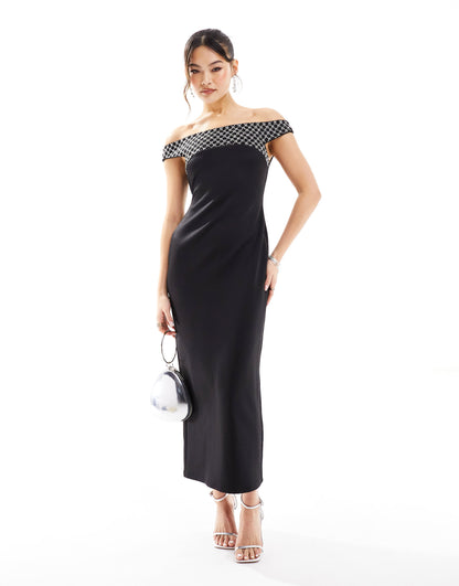 ASOS DESIGN embellished panel bardot midi dress in black
