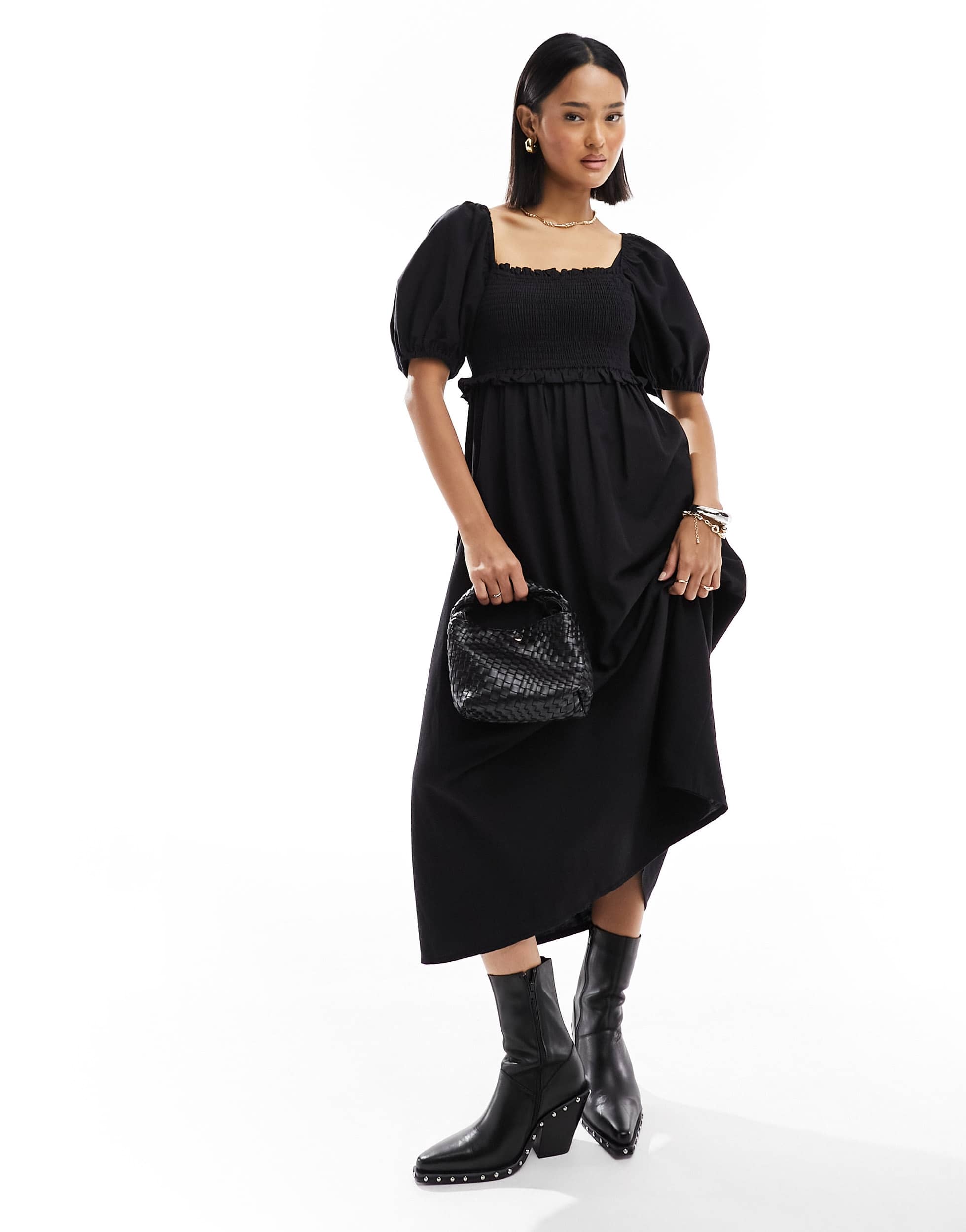 New Look shirred puff sleeve linen blend midi dress in black