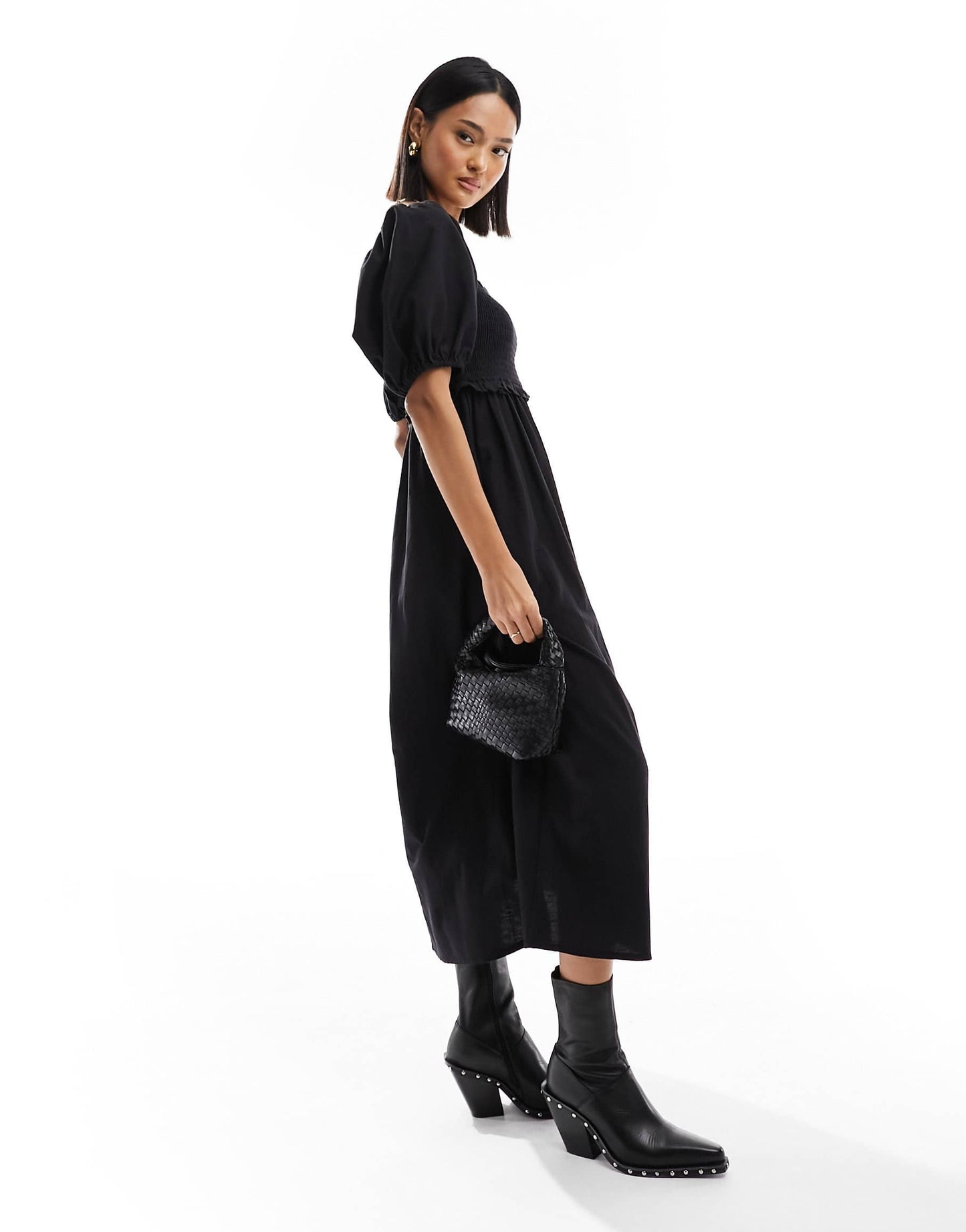 New Look shirred puff sleeve linen blend midi dress in black