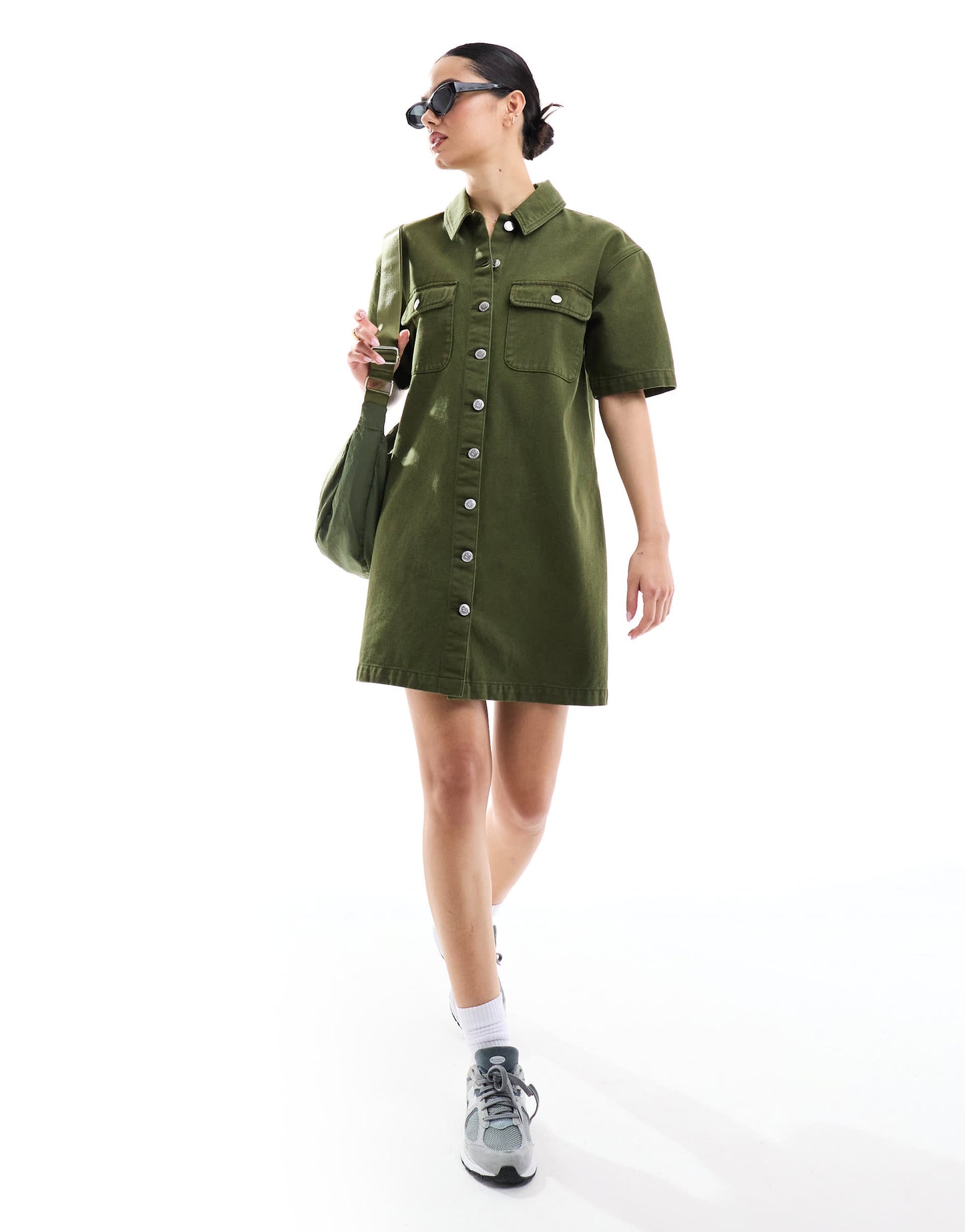 Miss Selfridge oversized short sleeve denim shirt dress in khaki