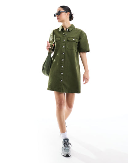 Miss Selfridge oversized short sleeve denim shirt dress in khaki