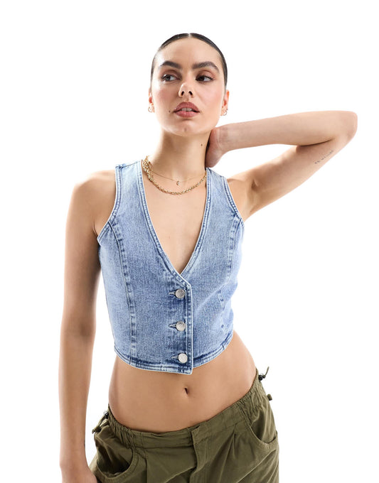 Miss Selfridge crop waistcoat in blue wash