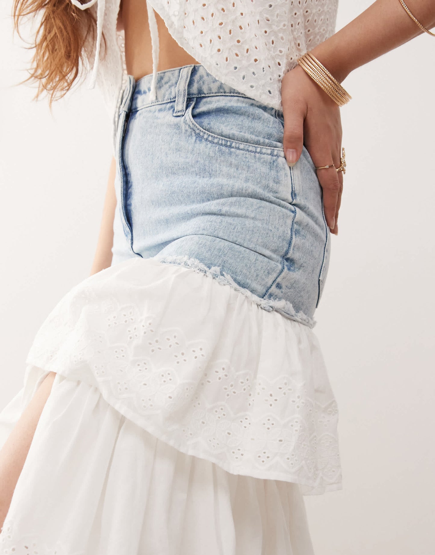 Miss Selfridge broderie contrast denim maxi skirt in mid blue wash