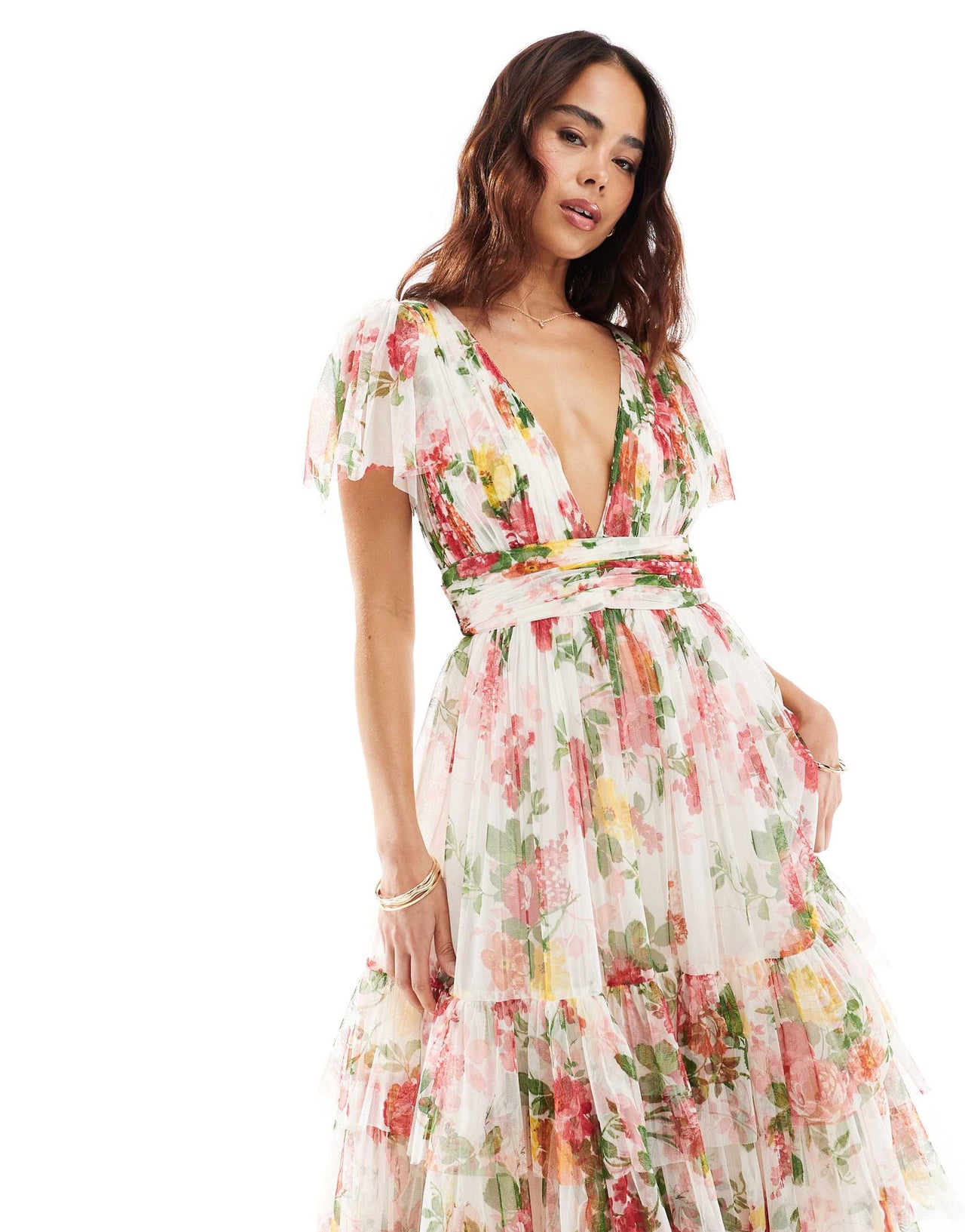 Lace & Beads Bridesmaid Madison v neck tulle midi dress in bright floral