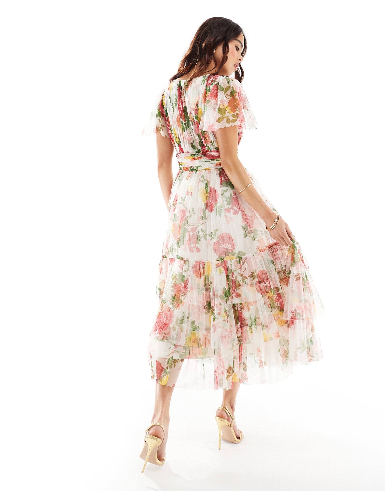 Lace & Beads Bridesmaid Madison v neck tulle midi dress in bright floral