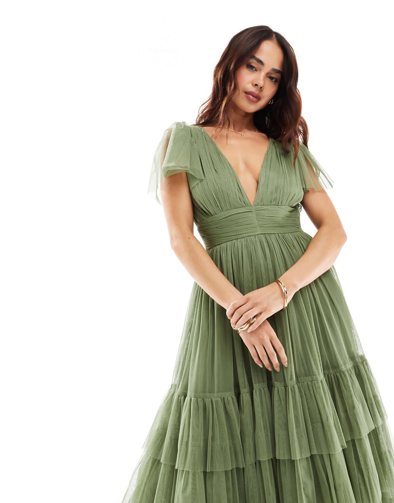 Lace & Beads Bridesmaid Madison v neck tulle midi dress in soft olive