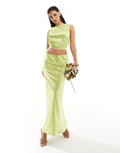 Kaiia exclusive satin high neck open tie back top co-ord in lime