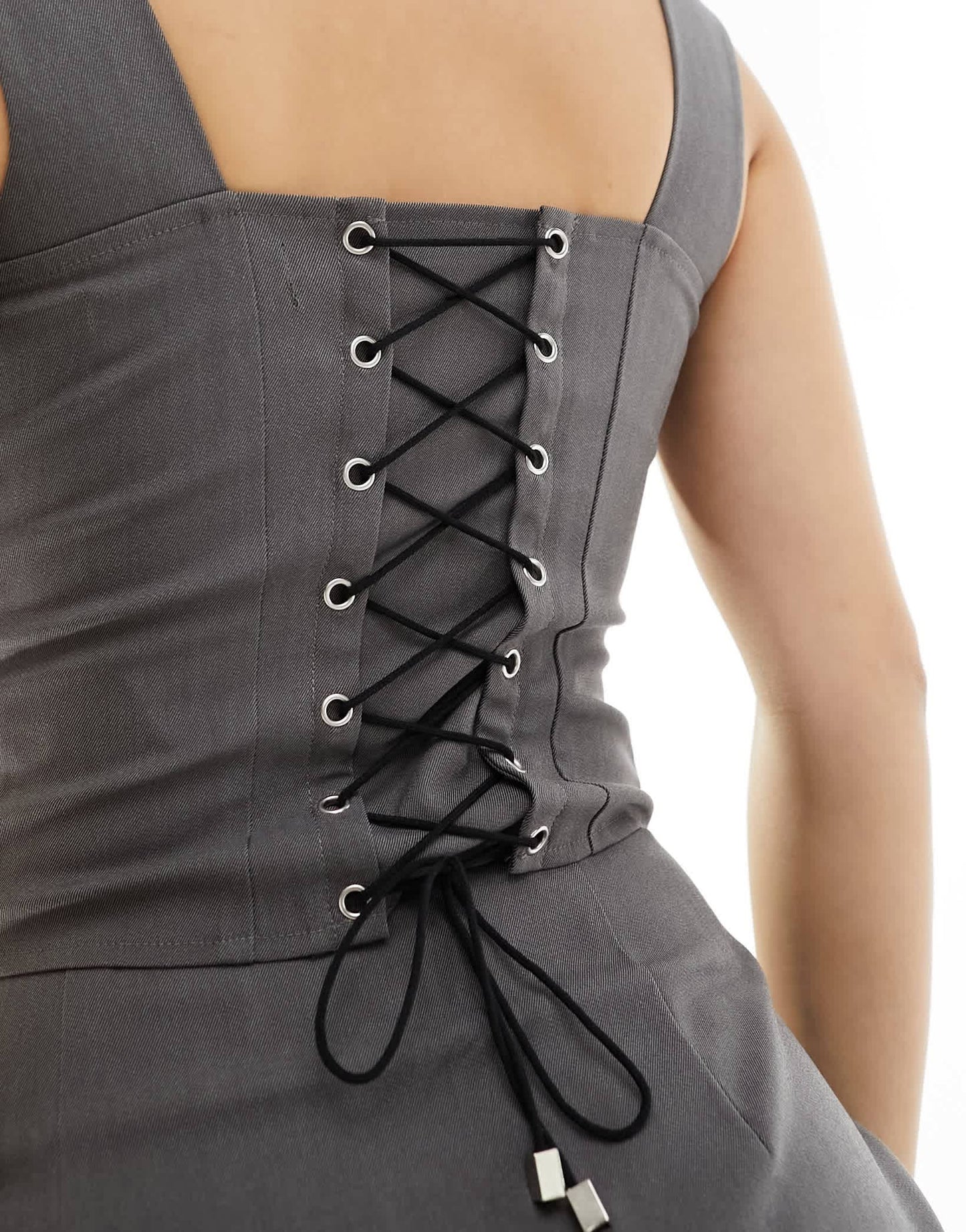 Kaiia exclusive tailored square neck corset back detail top co-ord in charcoal grey