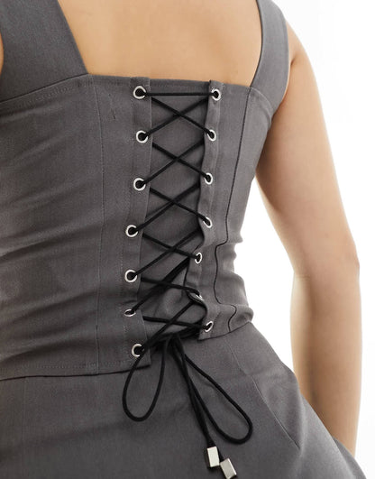 Kaiia exclusive tailored square neck corset back detail top co-ord in charcoal grey