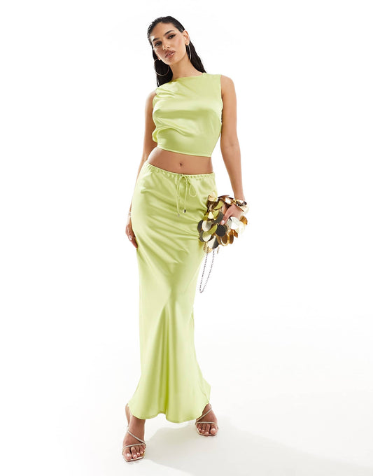 Kaiia exclusive satin drawstring maxi skirt co-ord in lime
