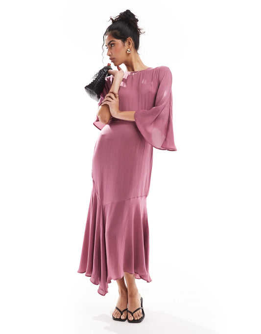 ASOS DESIGN satin flutter sleeve asymmetric hem midi dress in plum