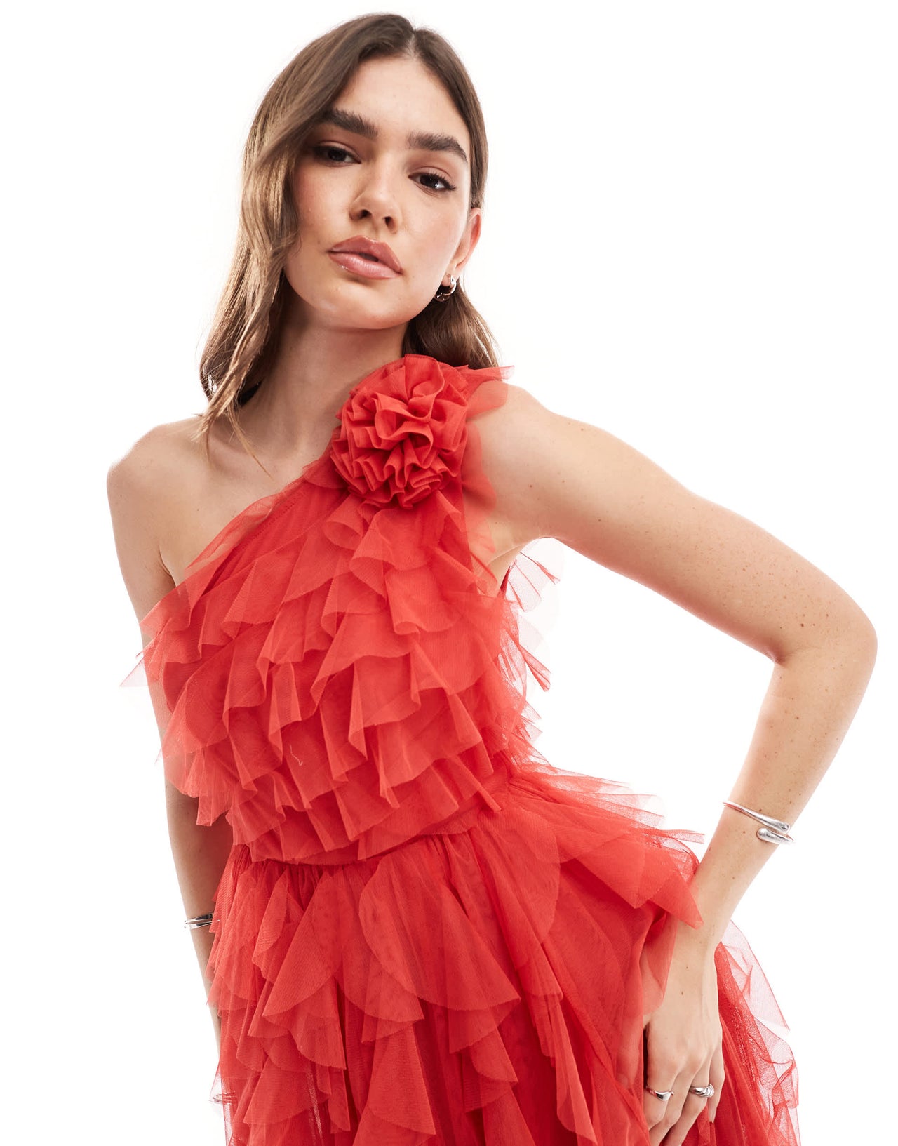 Anaya waterfall ruffle premium tulle maxi dress in red