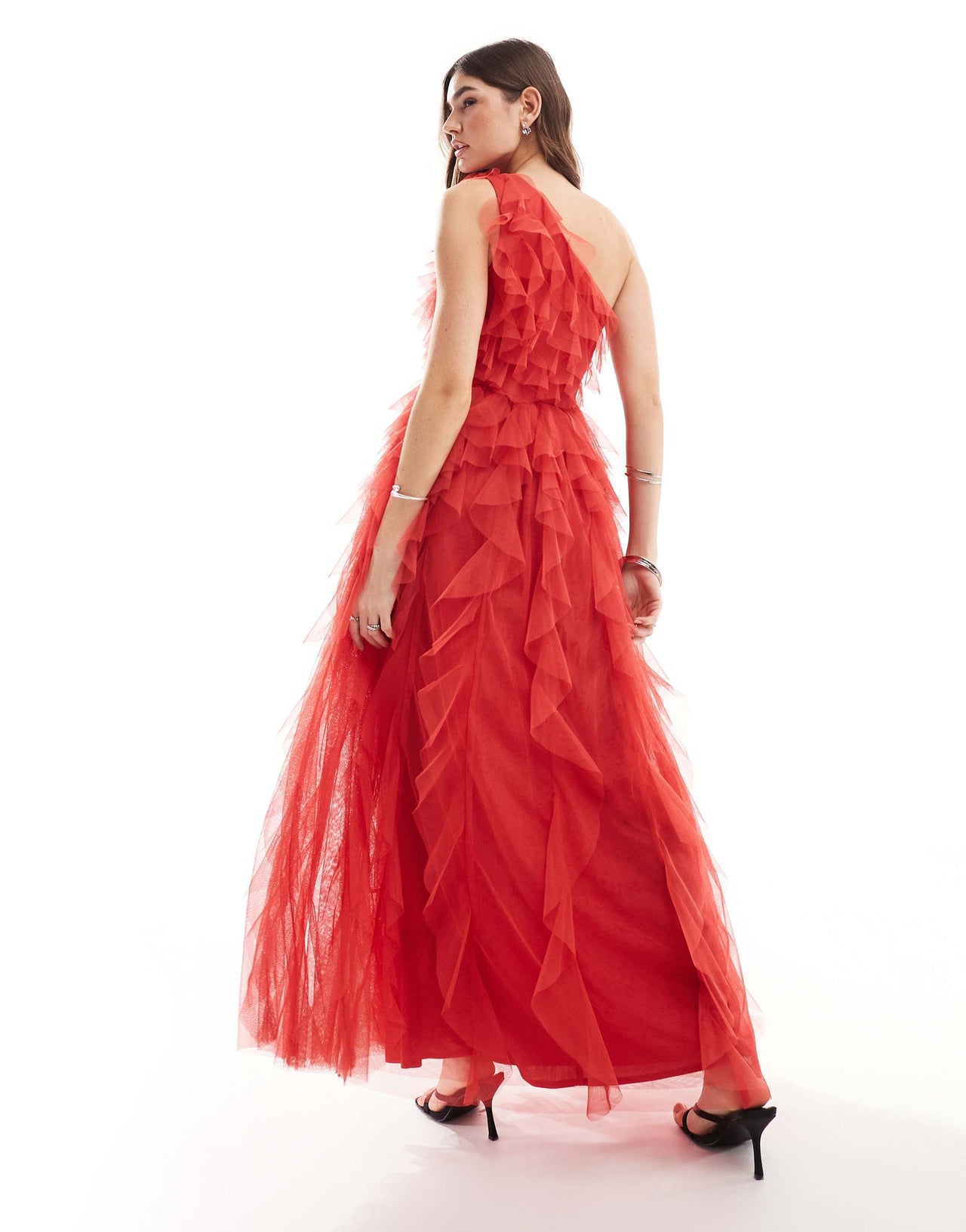 Anaya waterfall ruffle premium tulle maxi dress in red