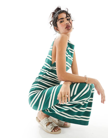 ASOS DESIGN boat neck maxi dress with ruched sides in green and white stripe