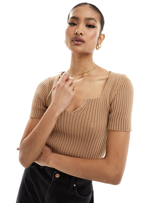 Fashionkilla knitted v neck top in brown