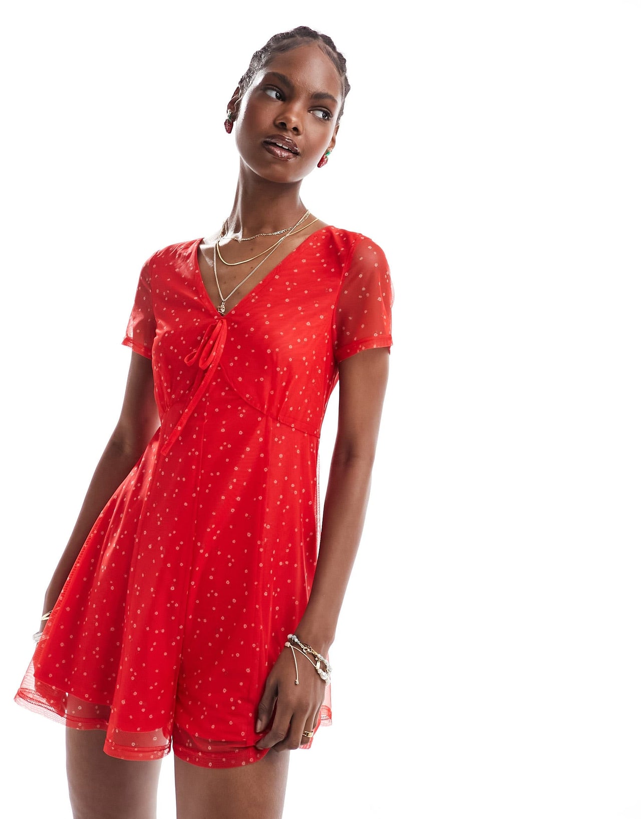 Daisy Street printed mesh flippy playsuit in red