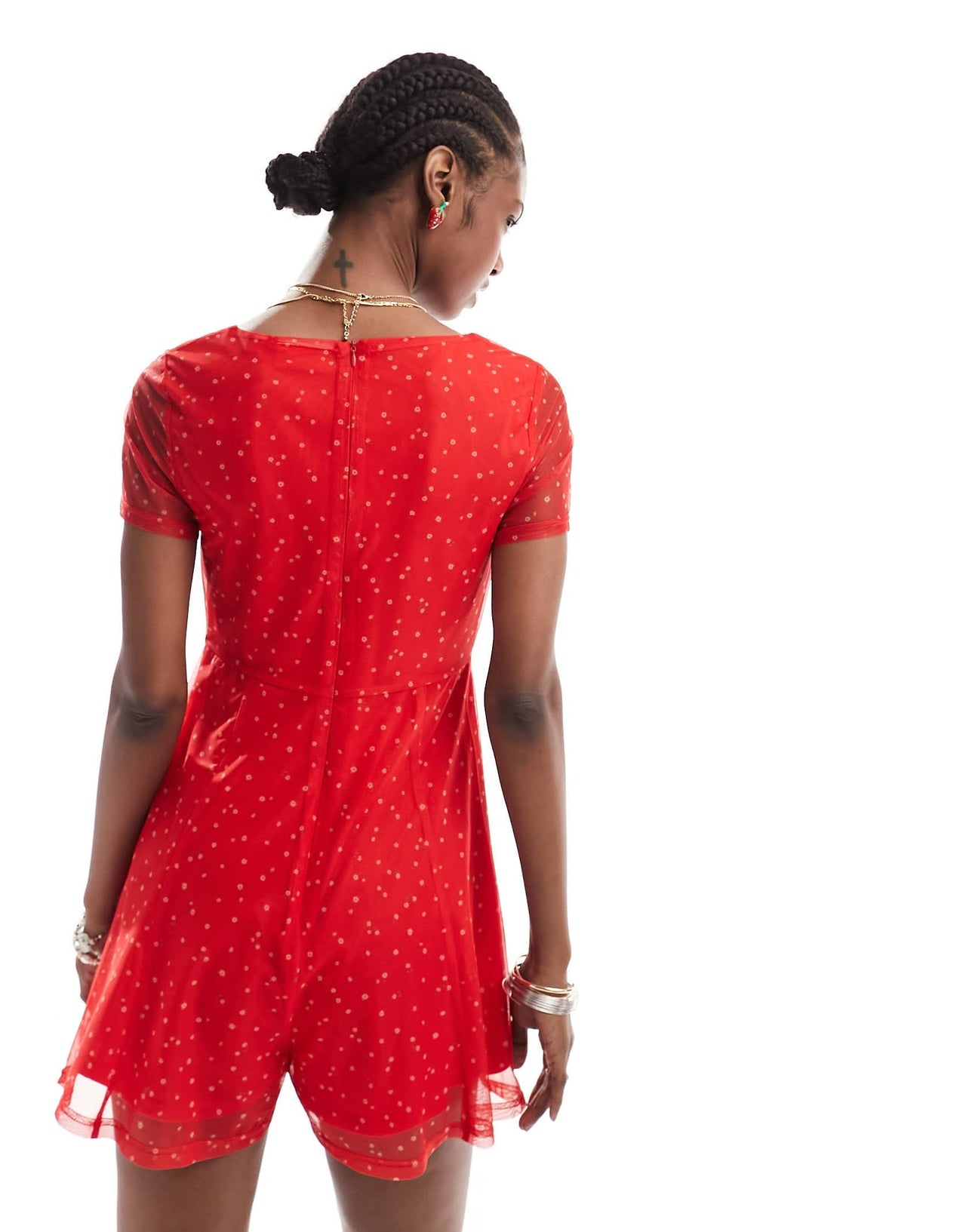 Daisy Street printed mesh flippy playsuit in red