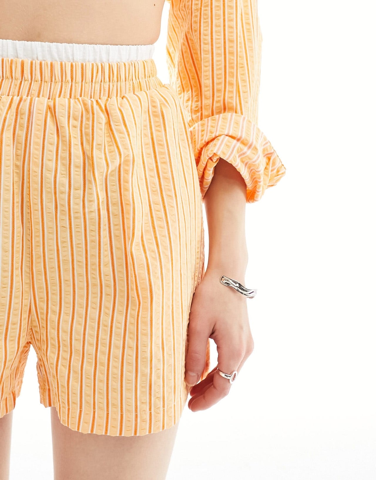 Daisy Street boxer waist detail boyfriend shorts in orange textured stripe co-ord