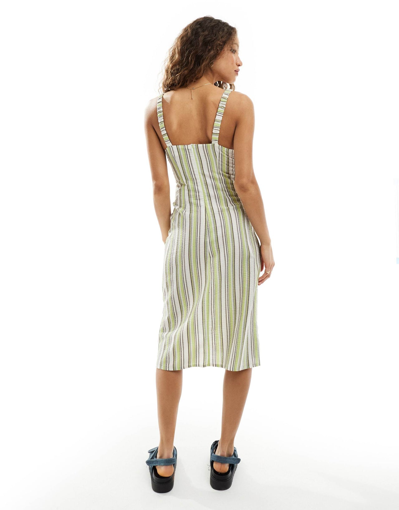 Daisy Street elasticated strap ruched bust midi dress in green stripe