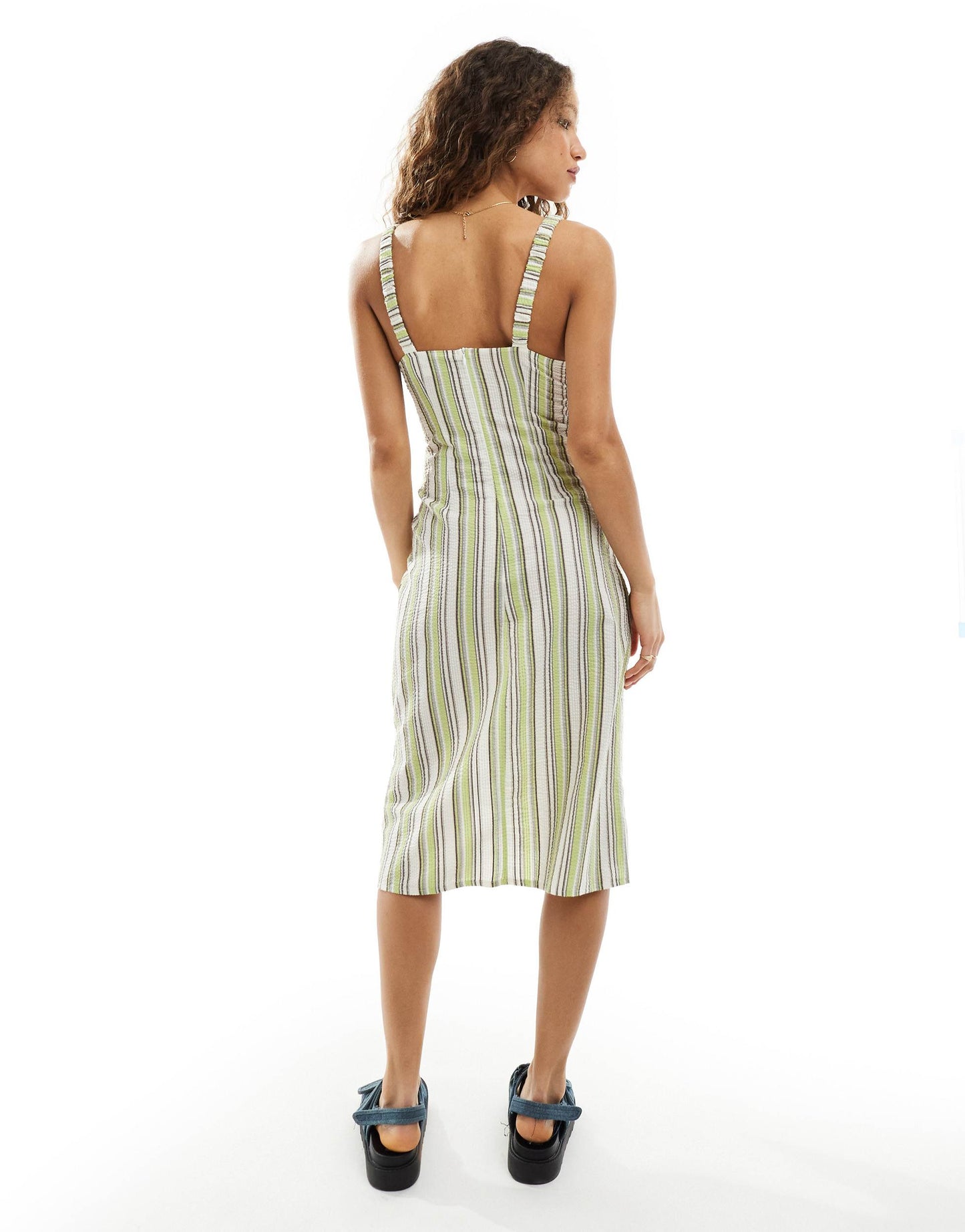 Daisy Street elasticated strap ruched bust midi dress in green stripe
