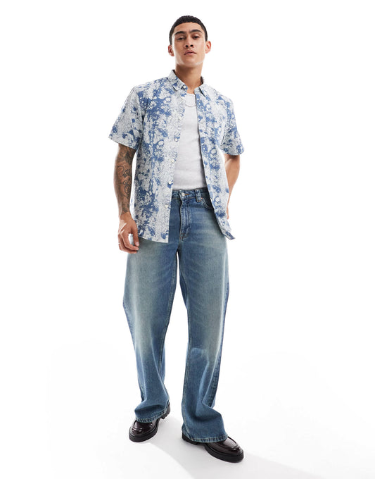 Pretty Green bleached denim short sleeve shirt in blue