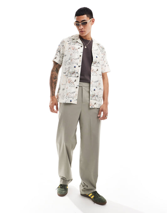 Pretty Green music sketch print short sleeve linen shirt in ecru