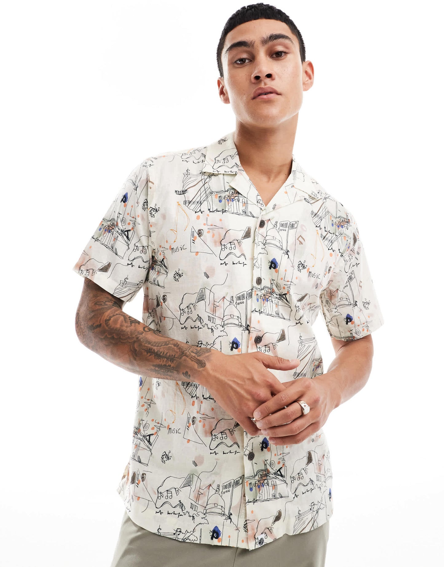 Pretty Green music sketch print short sleeve linen shirt in ecru