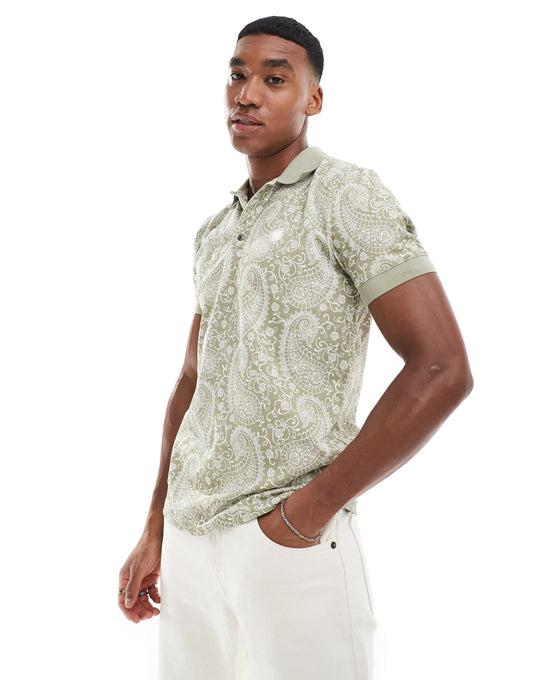 Pretty Green paisley print polo shirt in sage green