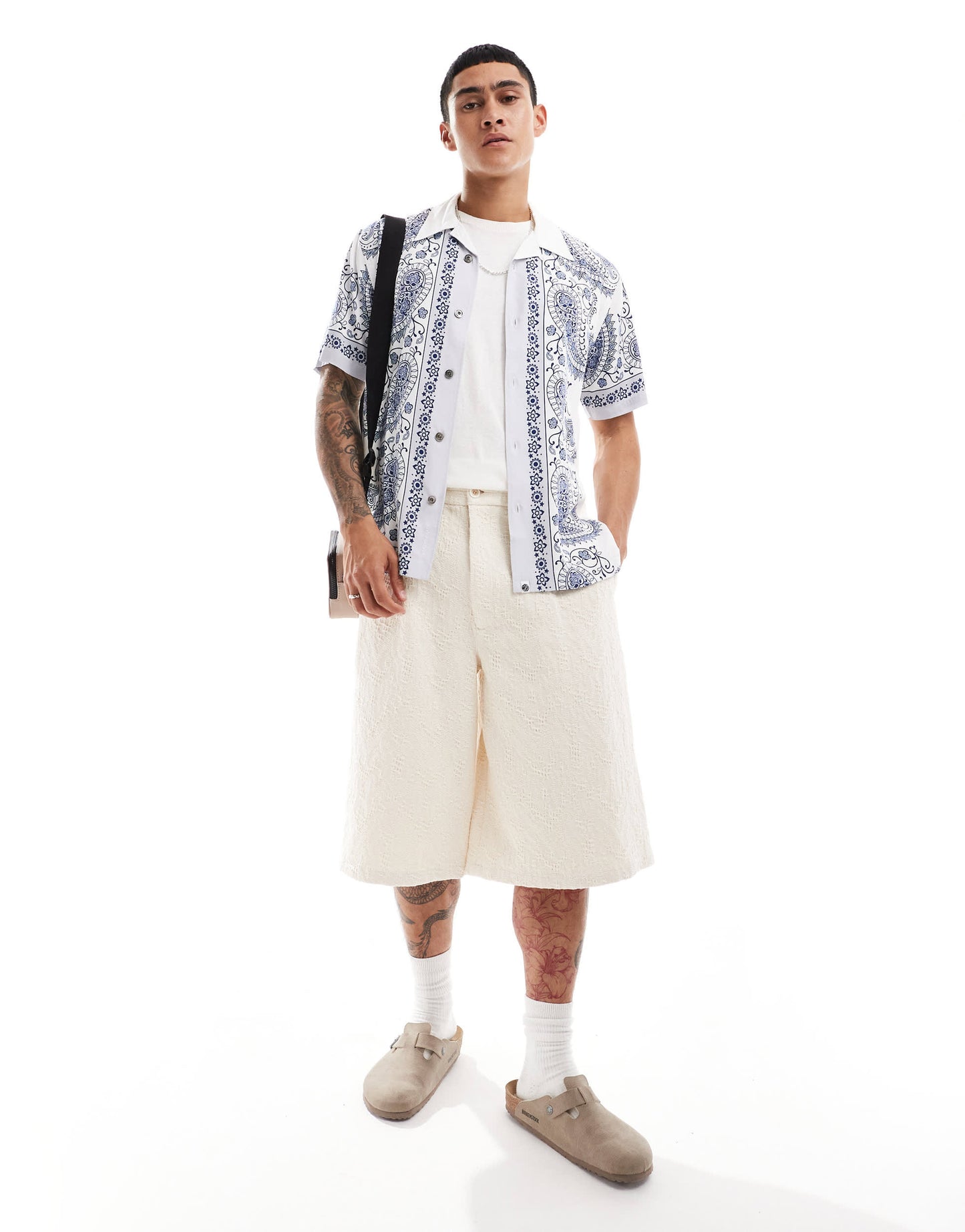 Pretty Green placement paisley print short resort shirt in white
