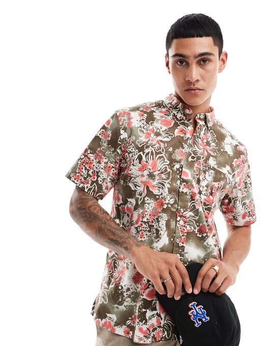 Pretty Green tropical floral print short sleeve shirt in multi