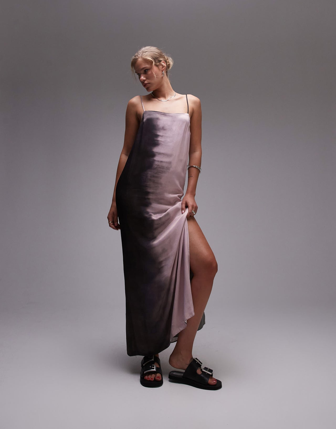 Topshop satin square neck cami midi dress in pink print