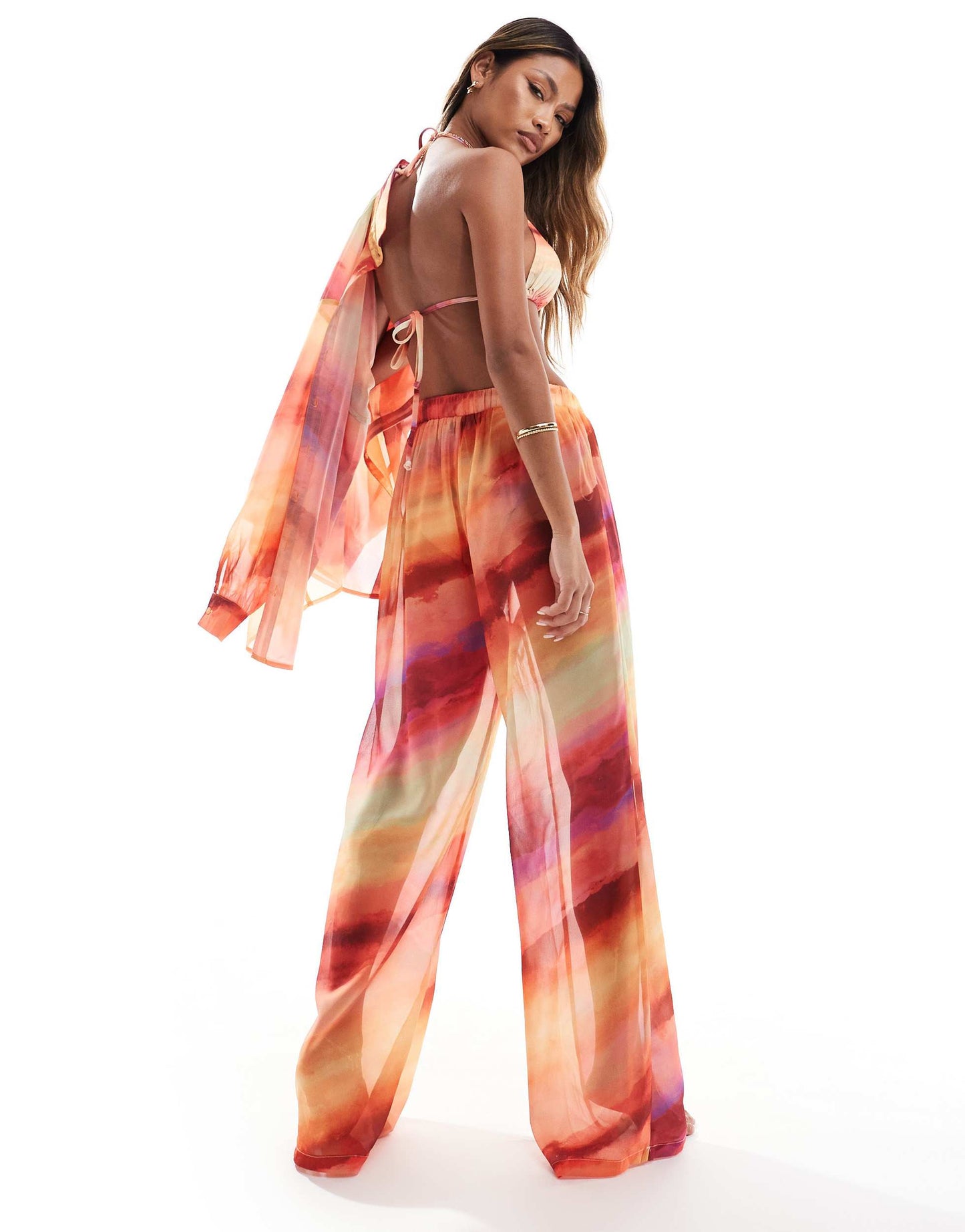 In The Style x Perrie Sian Exclusive wide leg beach trousers co-ord in orange ombre