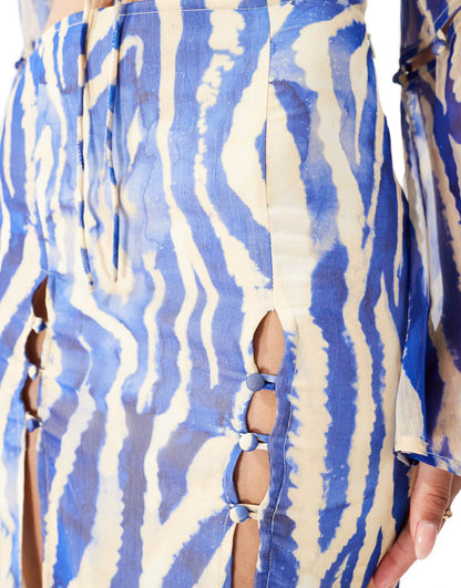 ASOS DESIGN split front button detail maxi skirt in blue zebra print co-ord